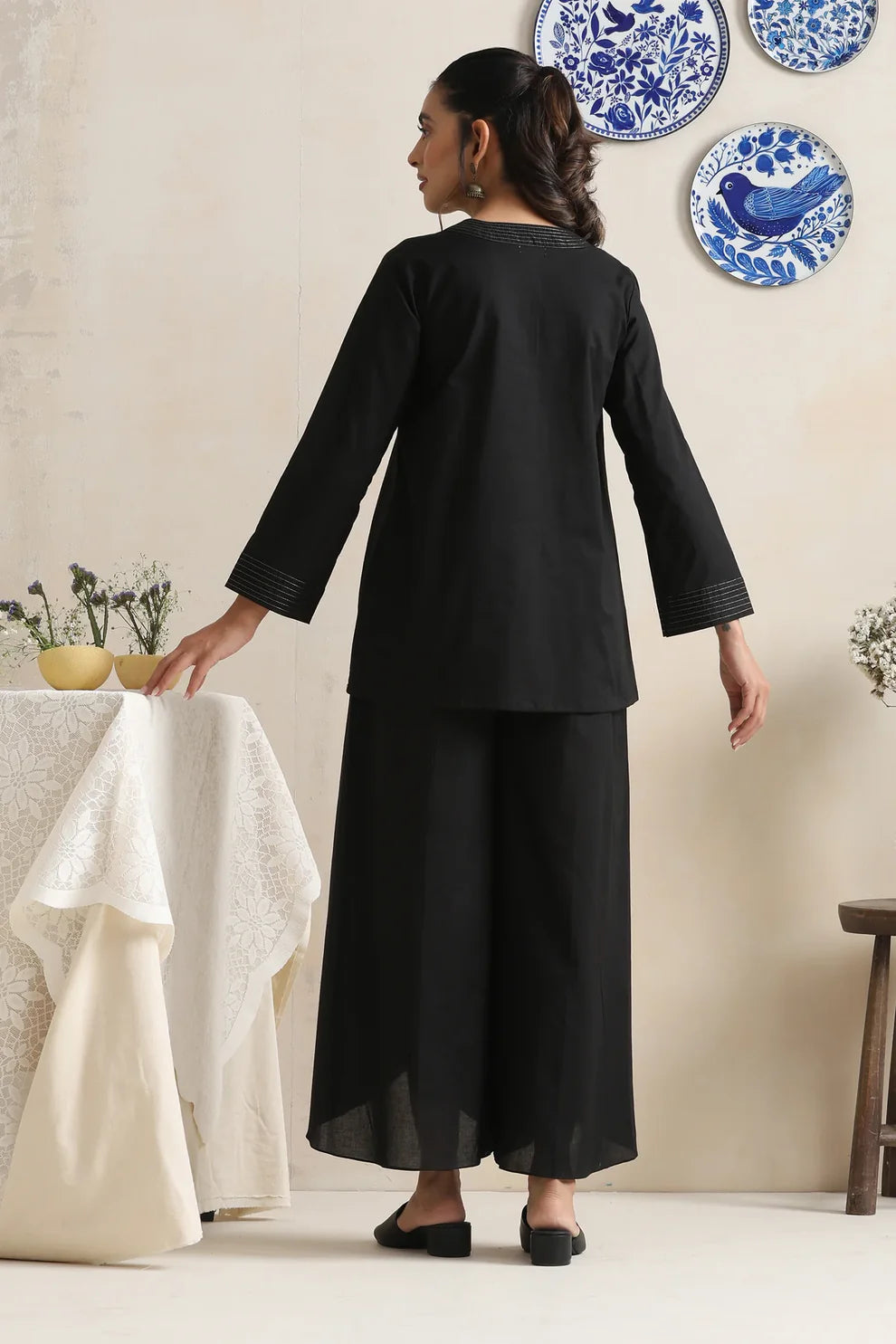 "Kaira" - Chic Black Cotton Tunic & Tulip Pants Co-ord Set