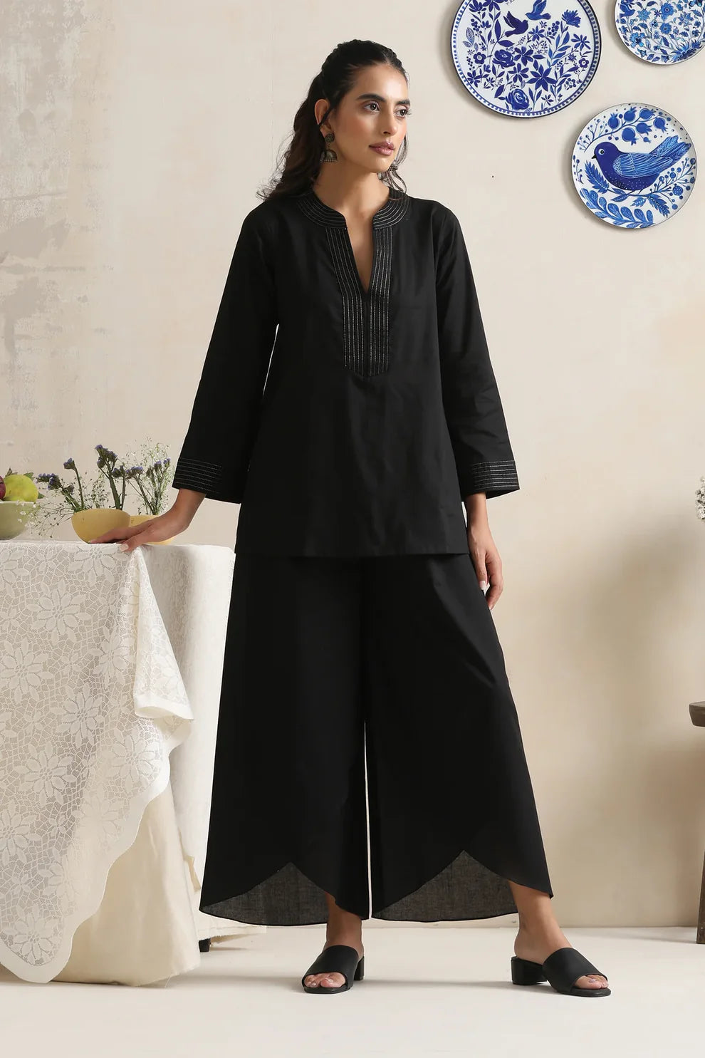 "Kaira" - Chic Black Cotton Tunic & Tulip Pants Co-ord Set