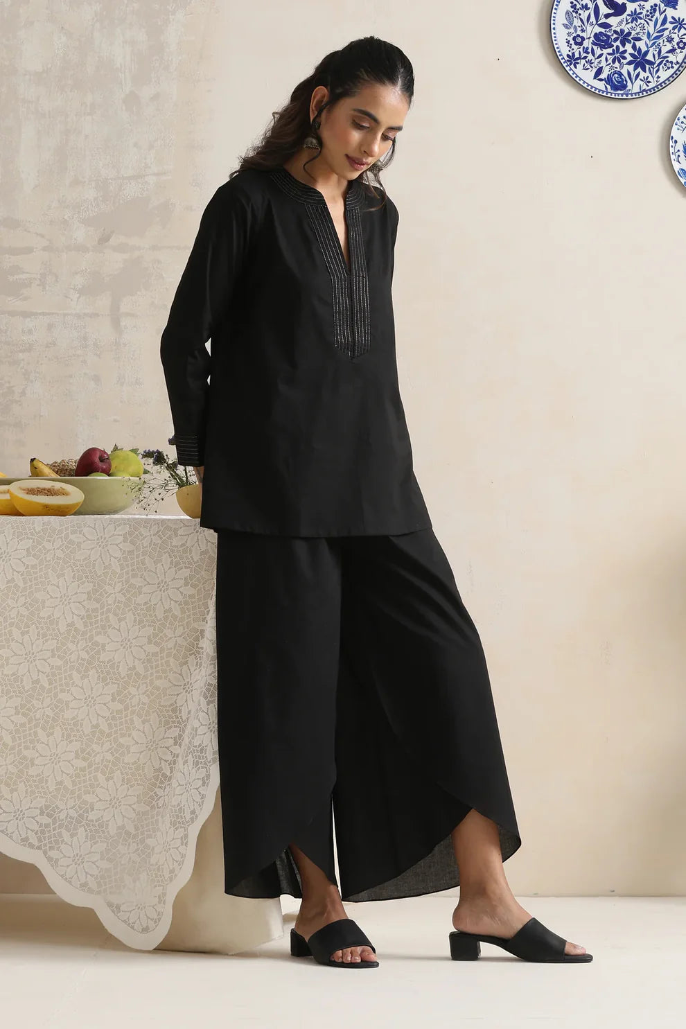 "Kaira" - Chic Black Cotton Tunic & Tulip Pants Co-ord Set