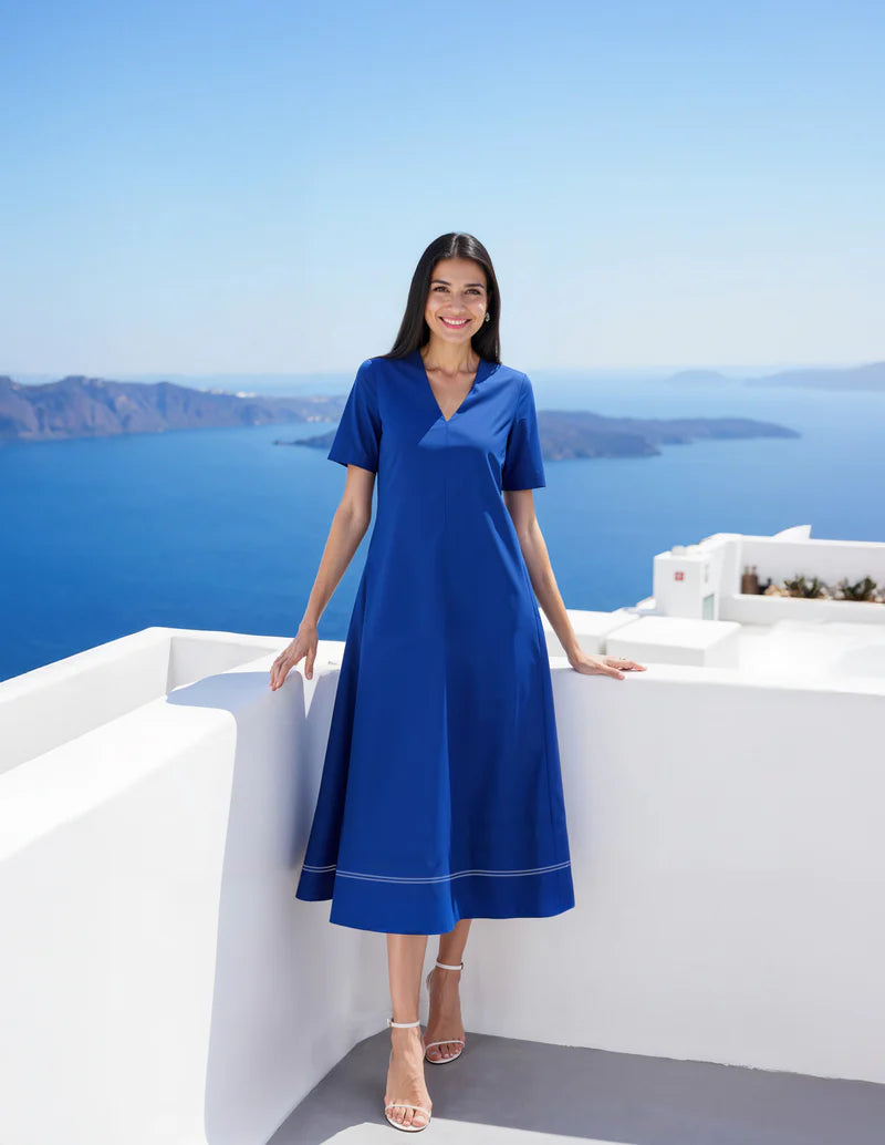 Cotton Solid A-Line Dress - Blue | Olive