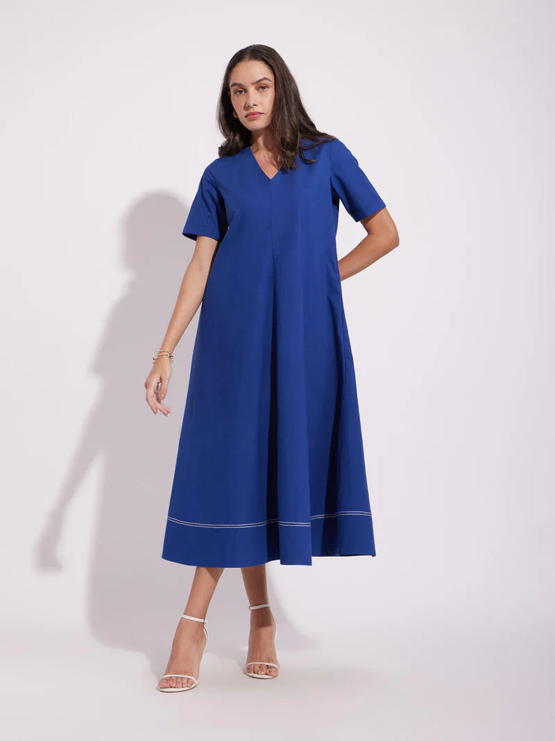 Cotton Solid A-Line Dress - Blue | Olive