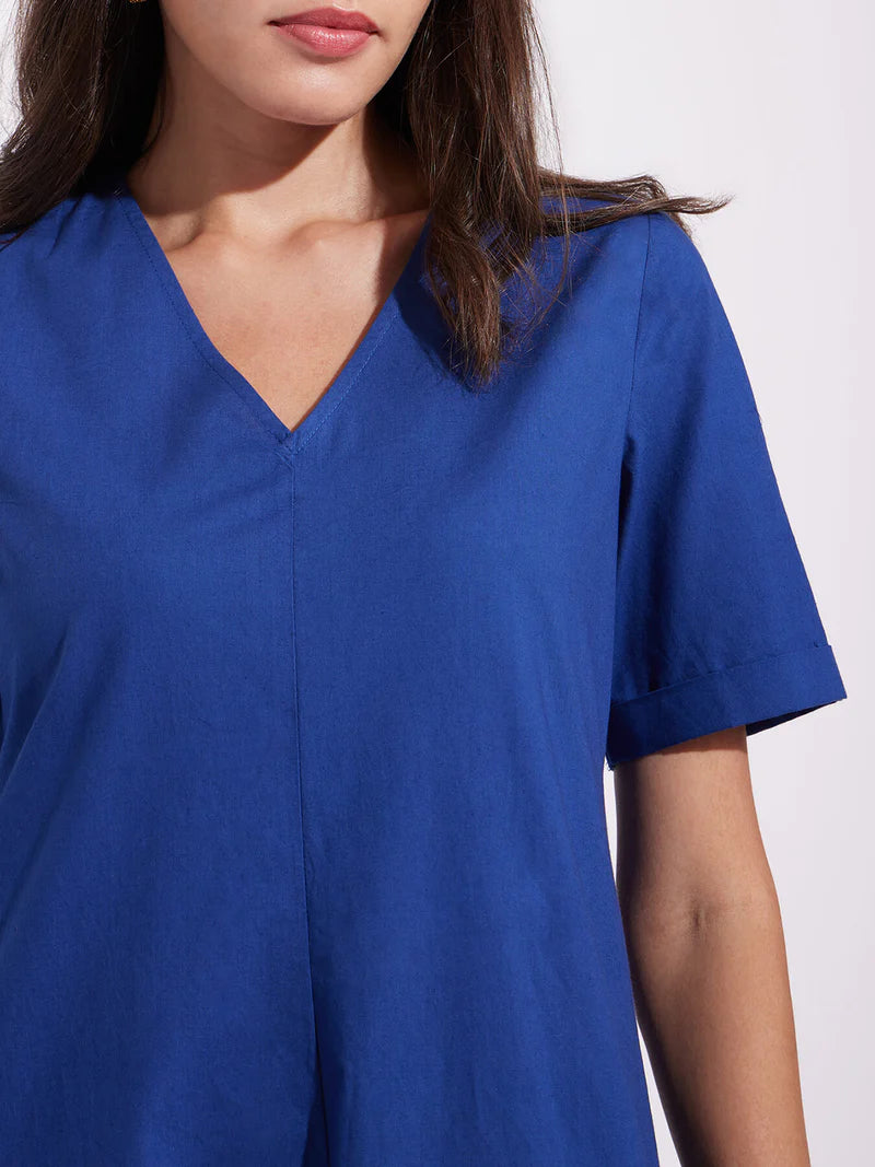 Cotton Solid A-Line Dress - Blue | Olive