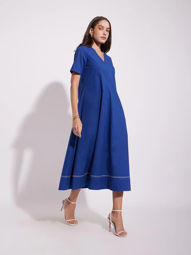 Cotton Solid A-Line Dress - Blue | Olive