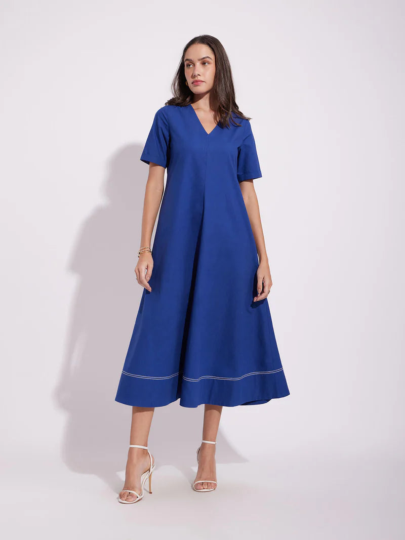 Cotton Solid A-Line Dress - Blue | Olive