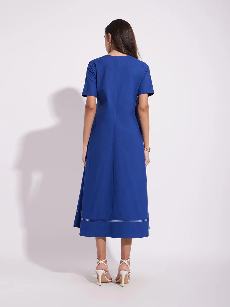 Cotton Solid A-Line Dress - Blue | Olive