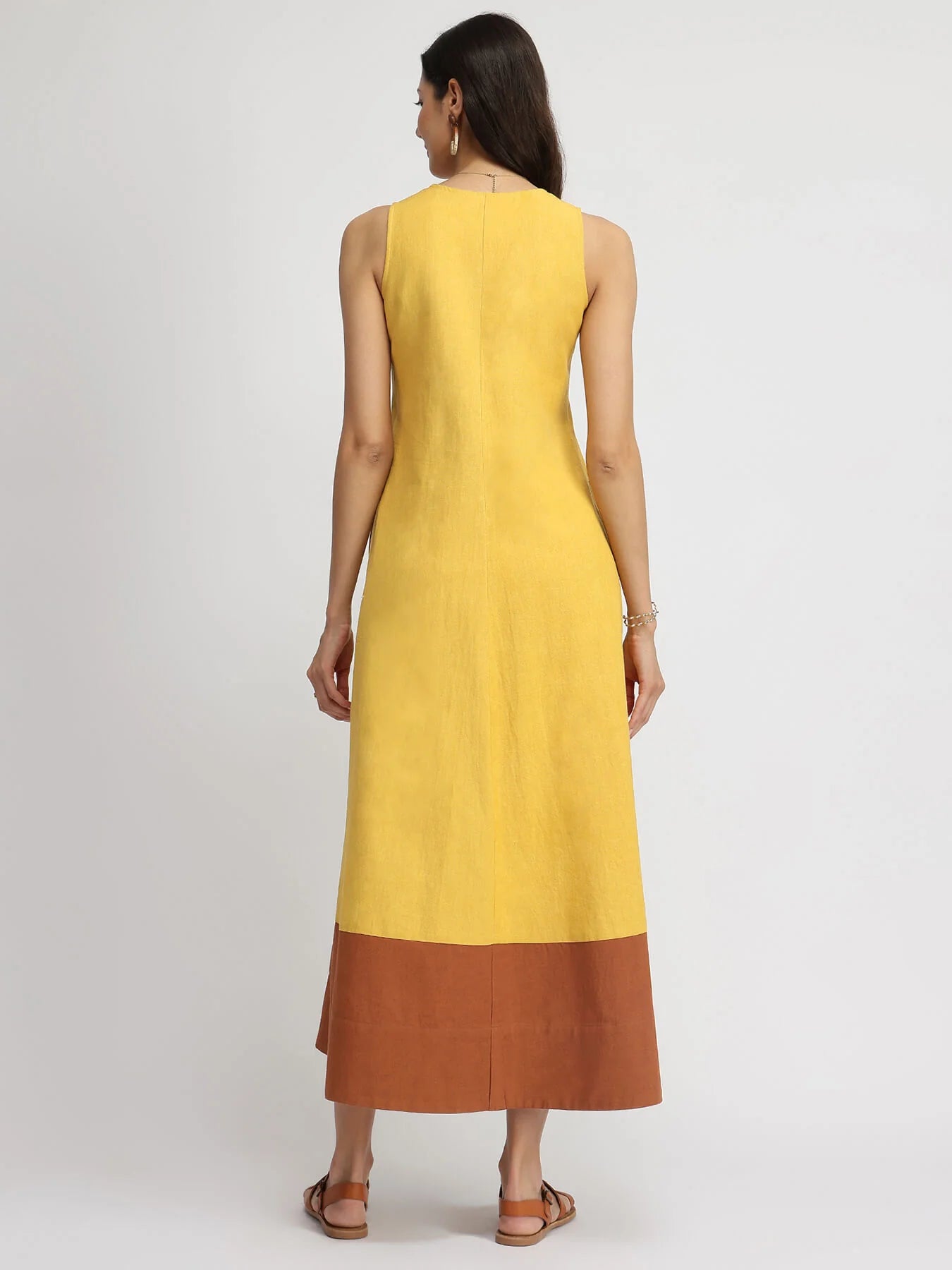 Linen Blend Colourblock A-Line Dress - Yellow & Rust