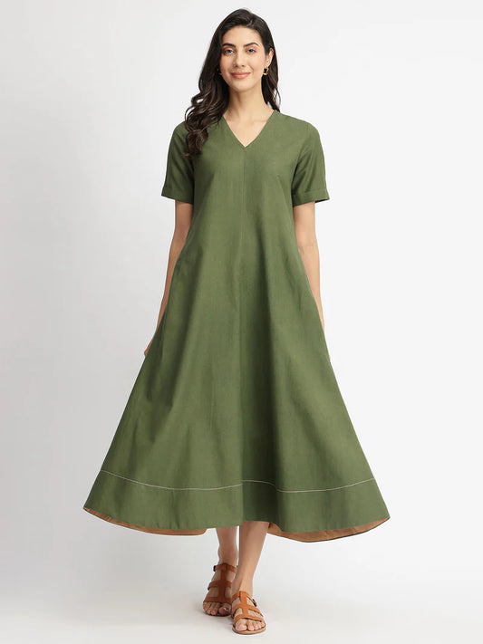 Cotton Solid A-Line Dress - Blue | Olive