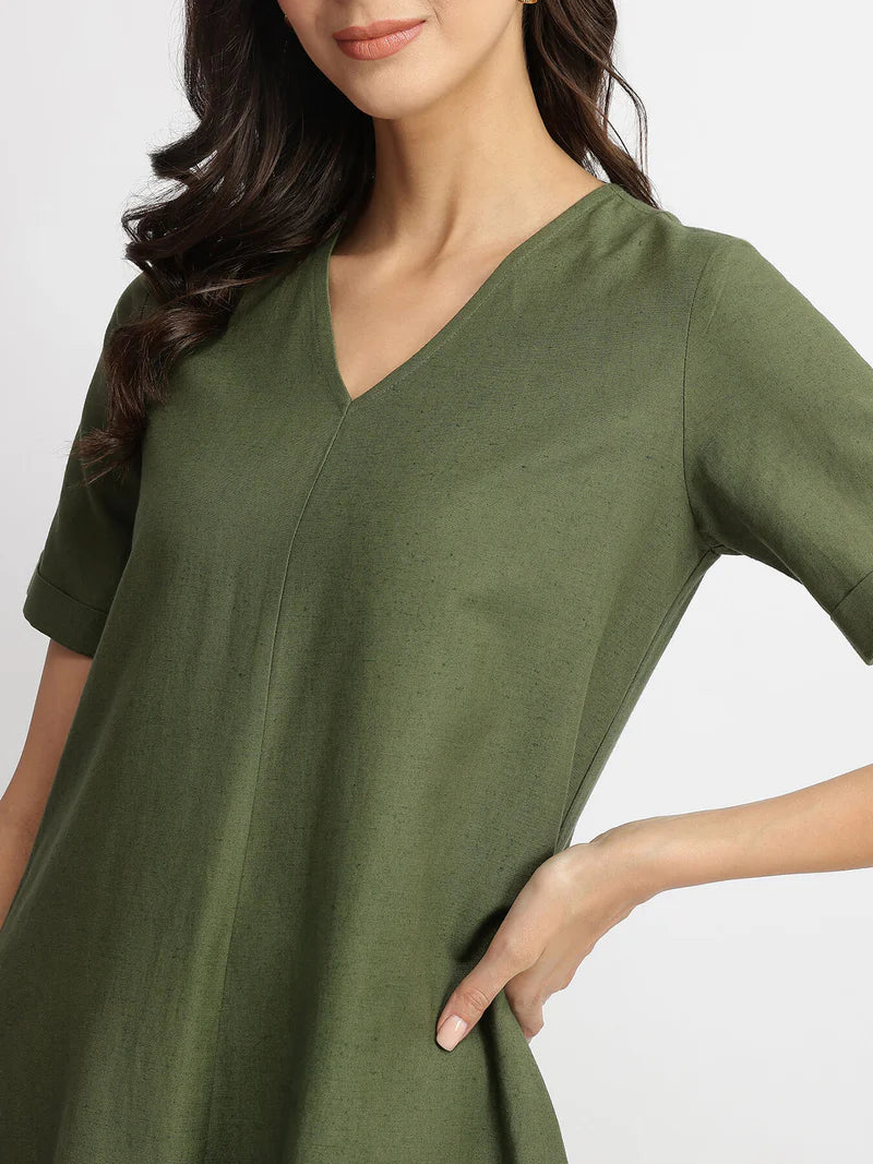 Cotton Solid A-Line Dress - Blue | Olive