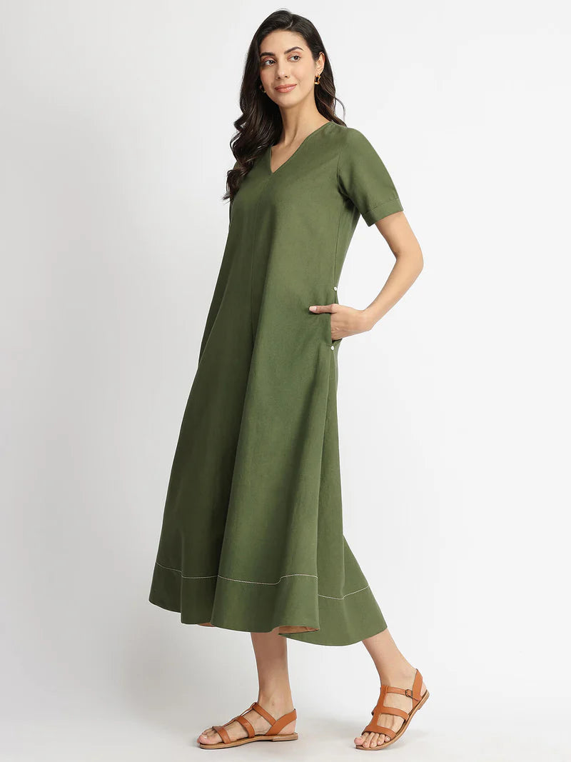 Cotton Solid A-Line Dress - Blue | Olive