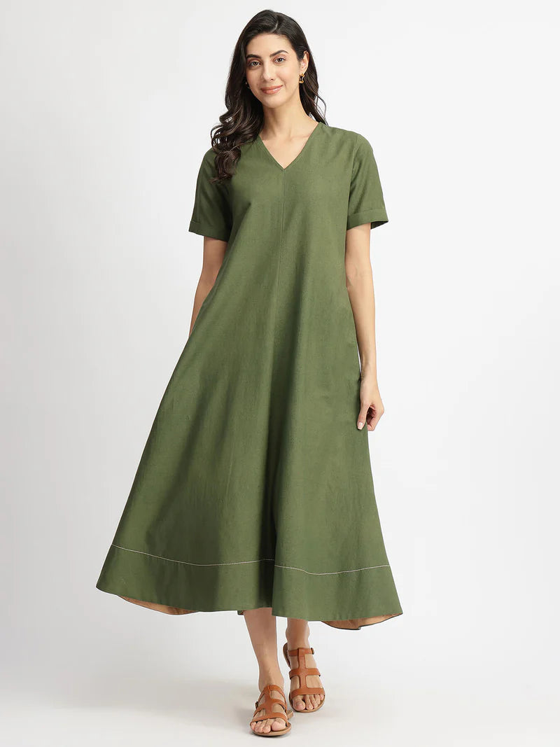 Cotton Solid A-Line Dress - Blue | Olive