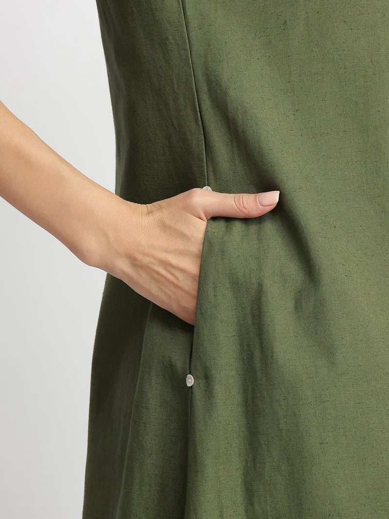 Cotton Solid A-Line Dress - Blue | Olive