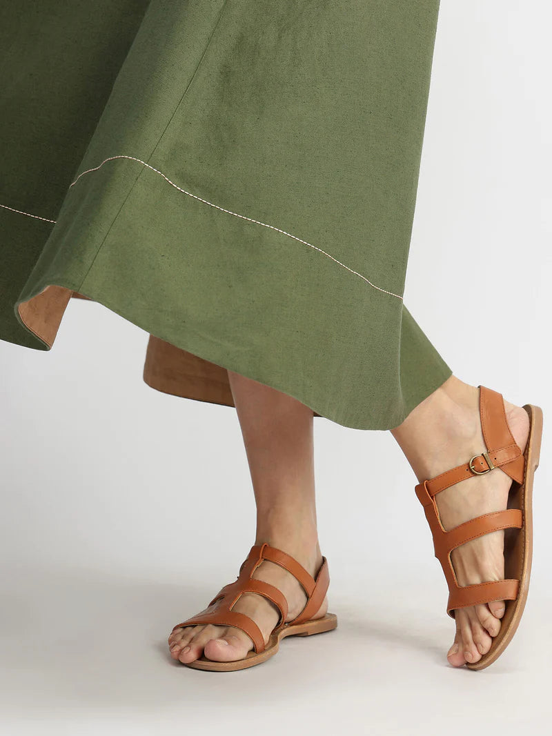 Cotton Solid A-Line Dress - Blue | Olive