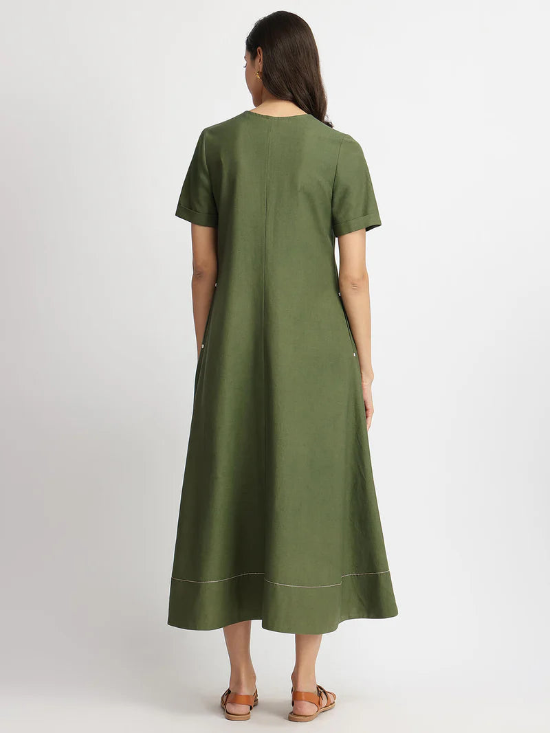 Cotton Solid A-Line Dress - Blue | Olive