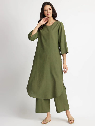Olive Calm – Linen Blend Solid Kurta Set