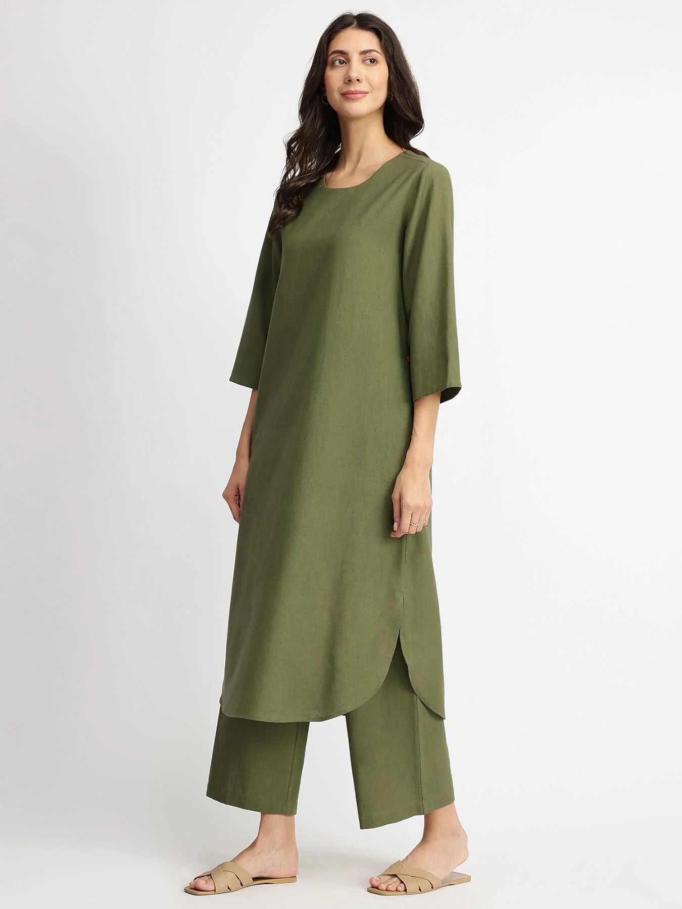 Olive Calm – Linen Blend Solid Kurta Set