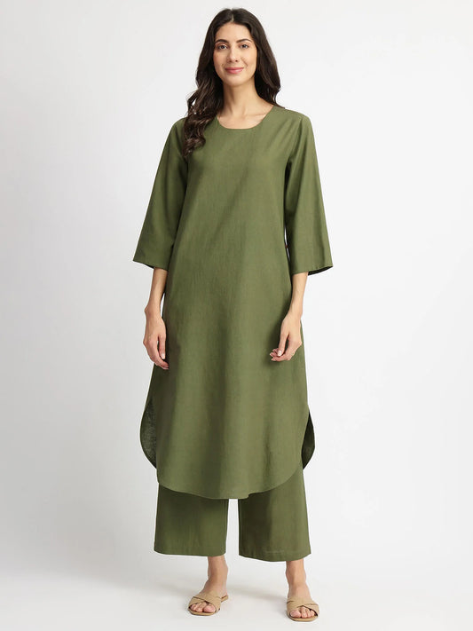 Olive Calm – Linen Blend Solid Kurta Set