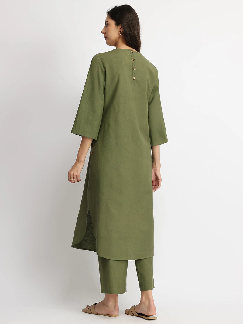 Olive Calm – Linen Blend Solid Kurta Set