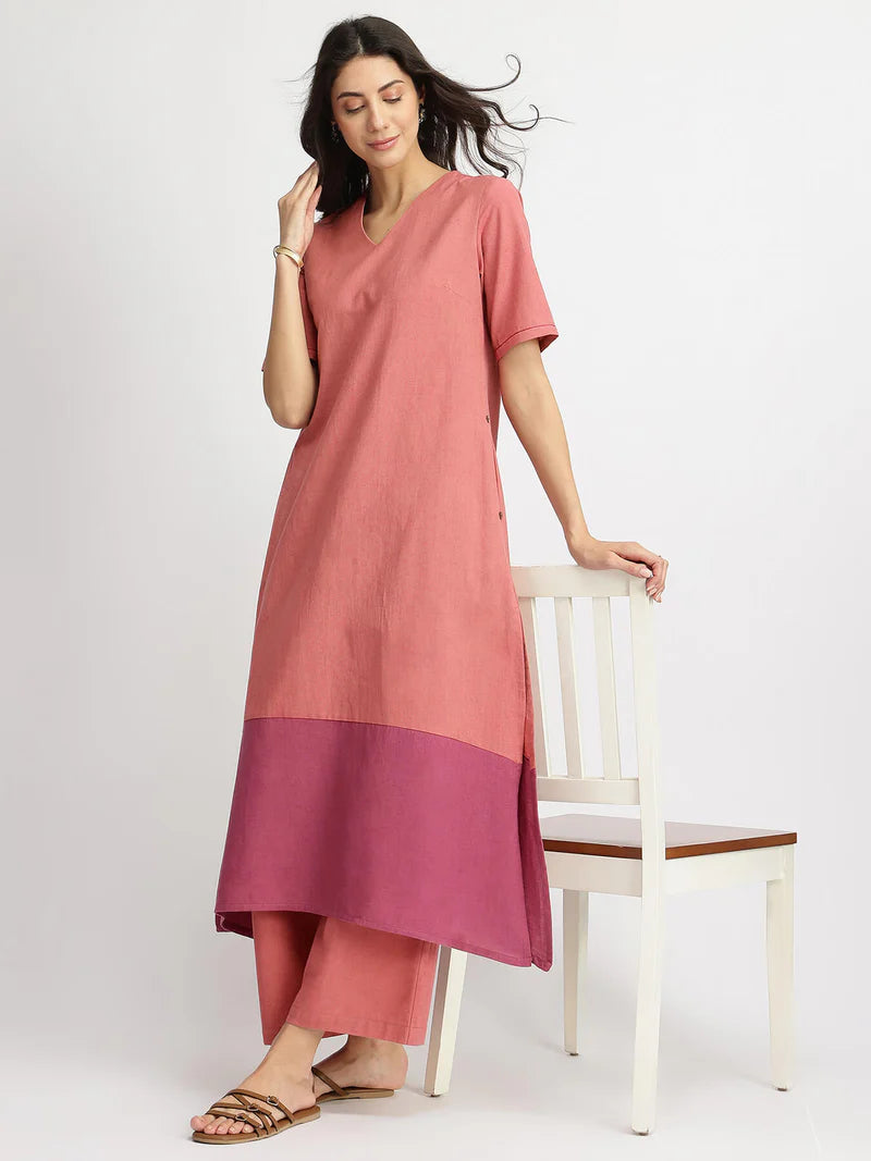 Pink Linen Blend Colourblock Kurta Set – Grace Meets Everyday Ease