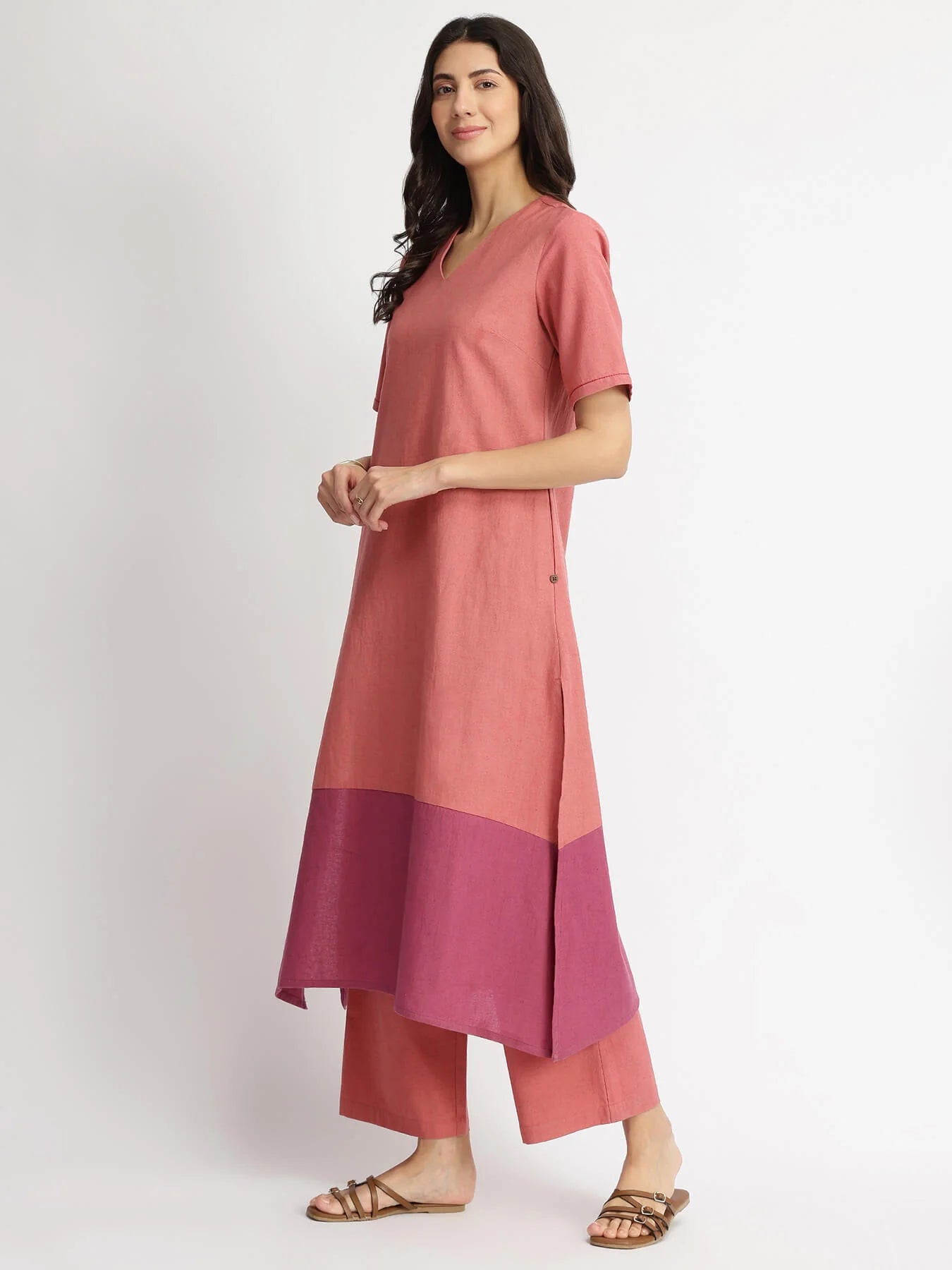 Pink Linen Blend Colourblock Kurta Set – Grace Meets Everyday Ease