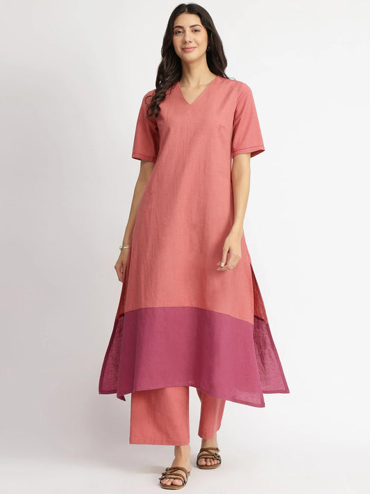 Pink Linen Blend Colourblock Kurta Set – Grace Meets Everyday Ease