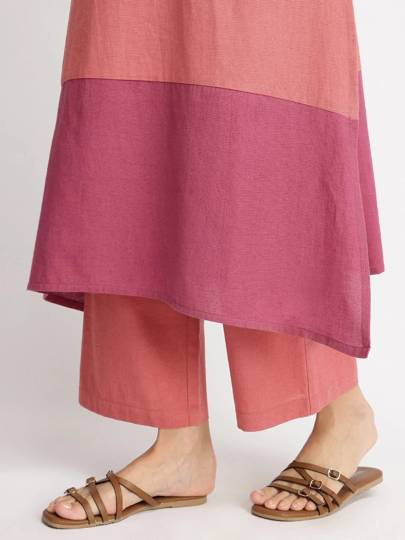 Pink Linen Blend Colourblock Kurta Set – Grace Meets Everyday Ease