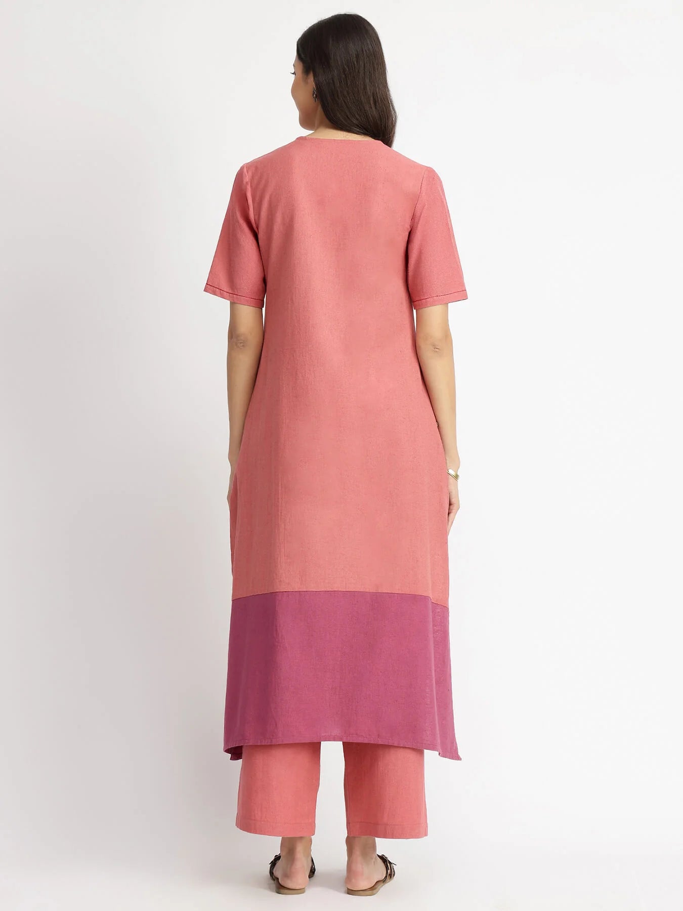 Pink Linen Blend Colourblock Kurta Set – Grace Meets Everyday Ease