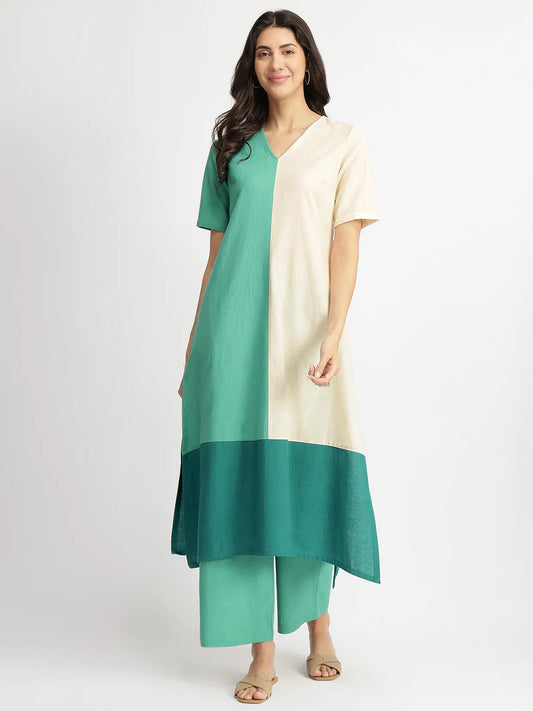 Serene Contrast – Teal & Off-White Linen Blend Kurta Set