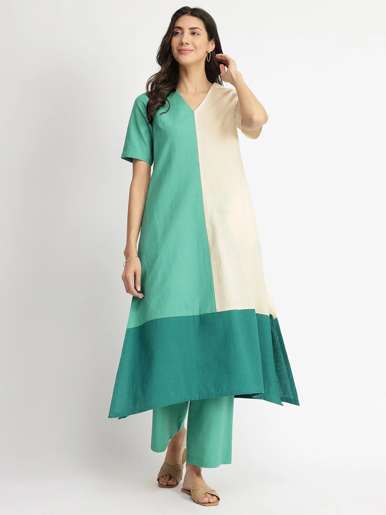 Serene Contrast – Teal & Off-White Linen Blend Kurta Set