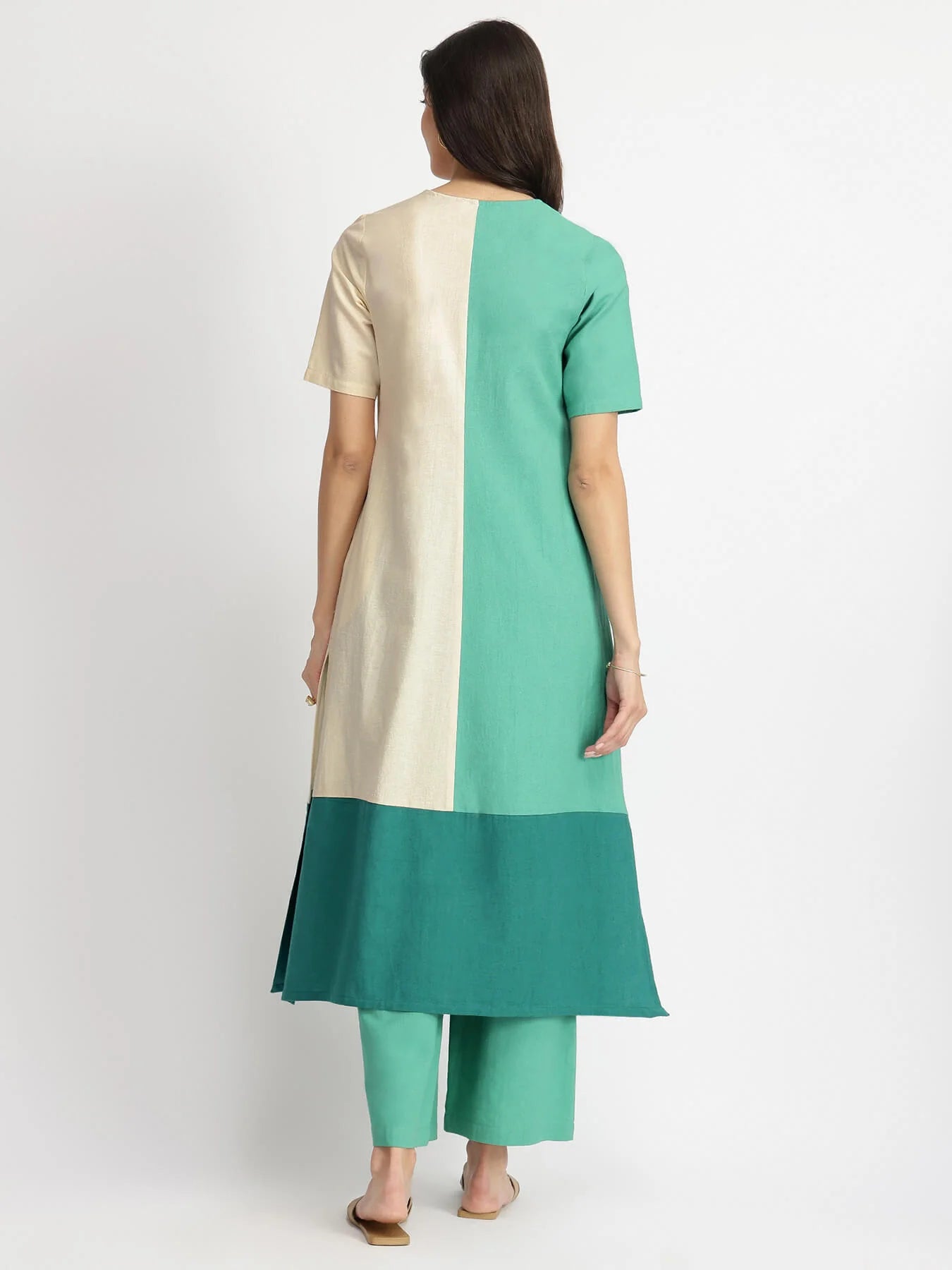 Serene Contrast – Teal & Off-White Linen Blend Kurta Set