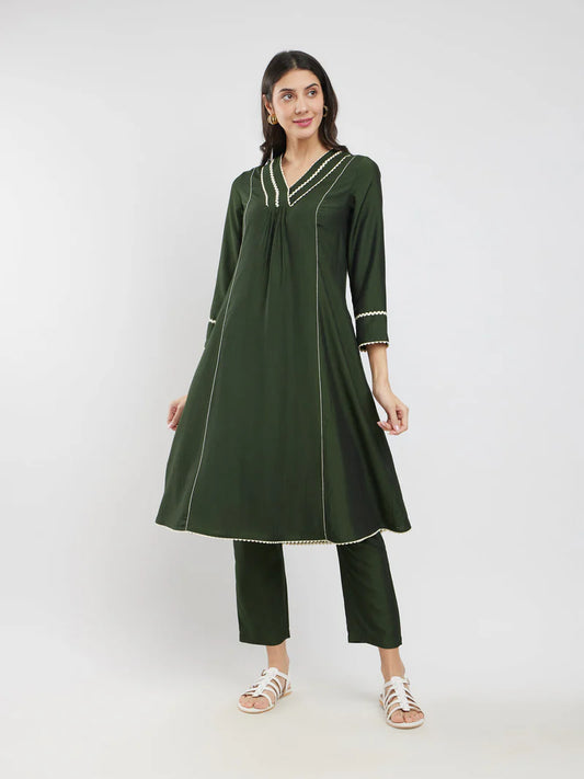 Solid Lace Detail Kurta Set – Olive | Vedora