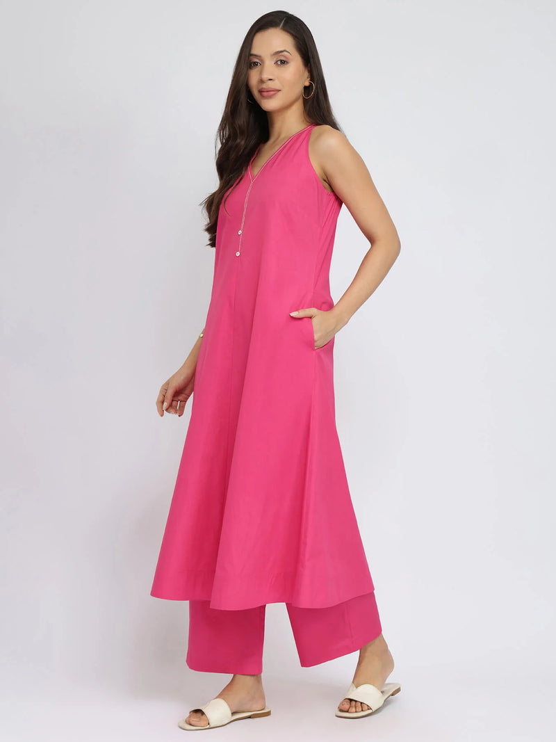 Air Loom Cotton Poplin Solid Kurta Set - Pink