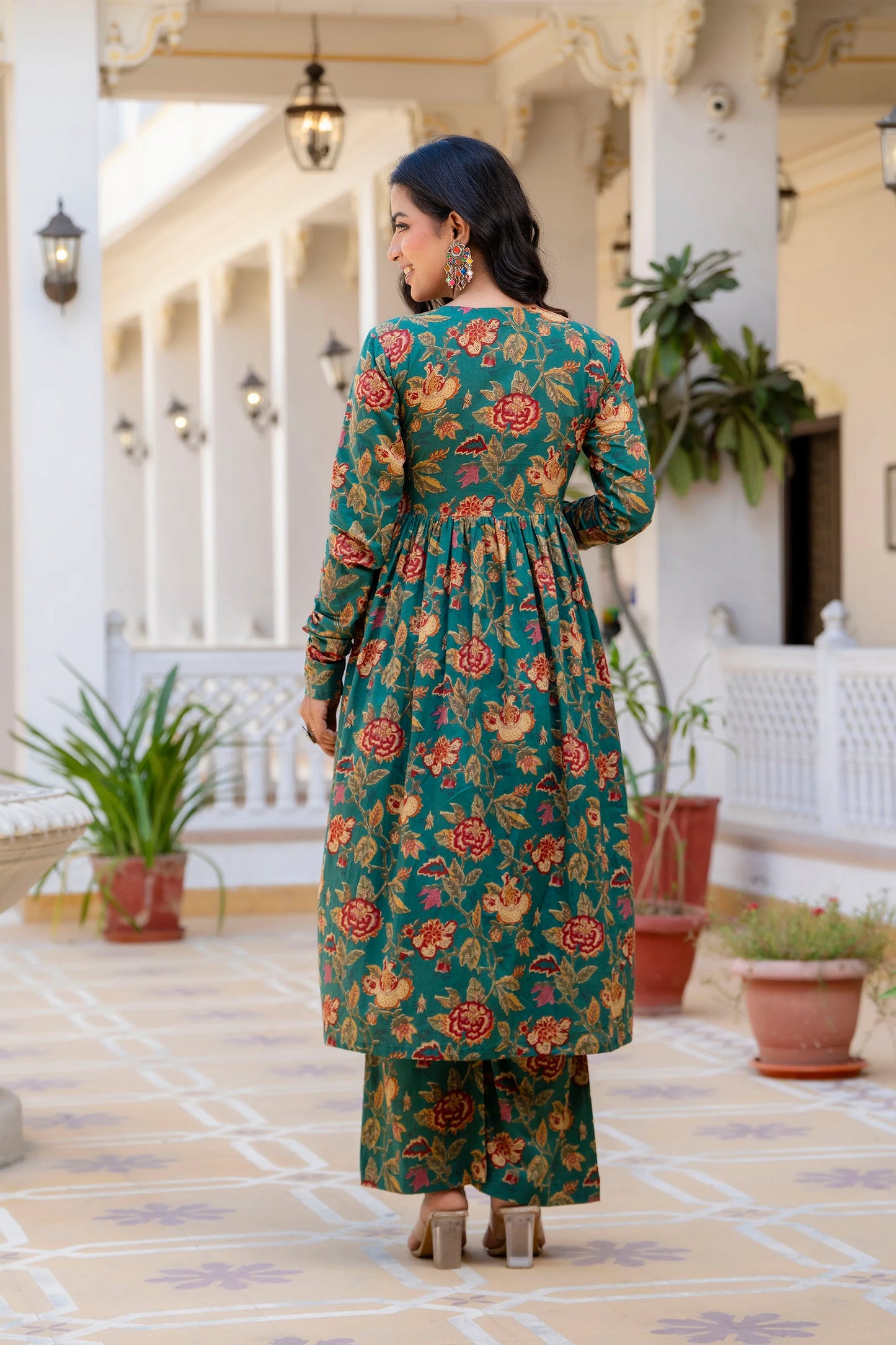 "Pushpa" - Teal Floral Print Gathered Kurta Suit Set