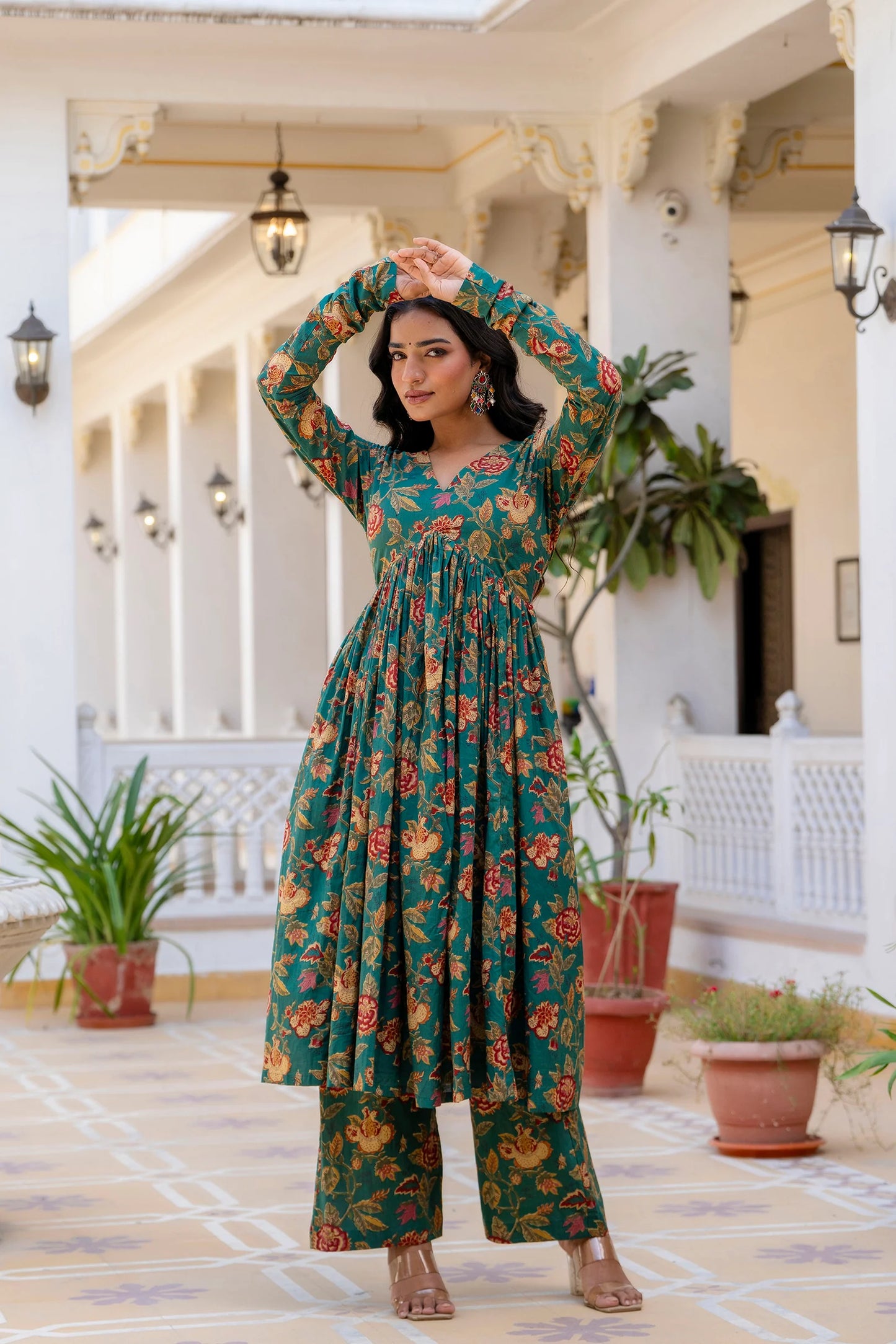 "Pushpa" - Teal Floral Print Gathered Kurta Suit Set