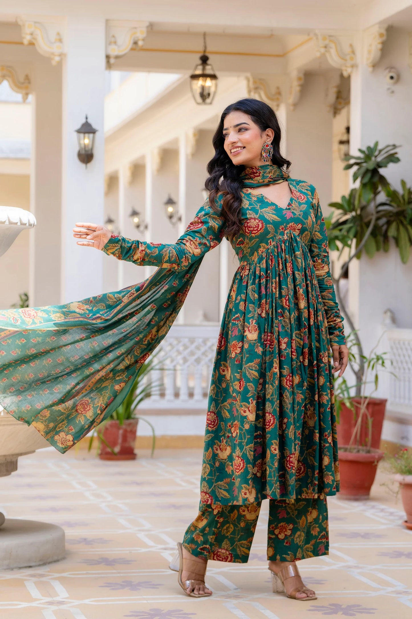 "Pushpa" - Teal Floral Print Gathered Kurta Suit Set