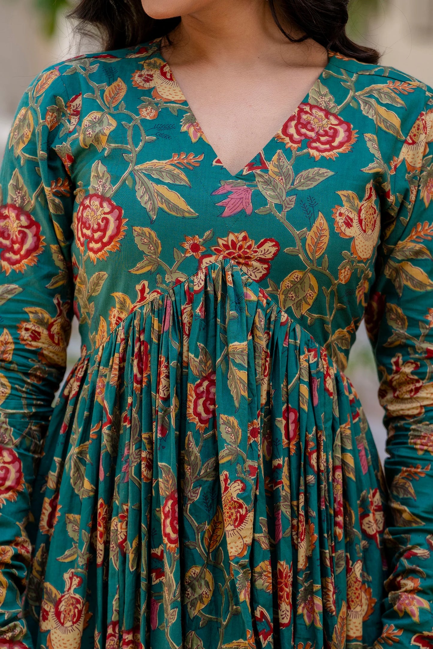 "Pushpa" - Teal Floral Print Gathered Kurta Suit Set