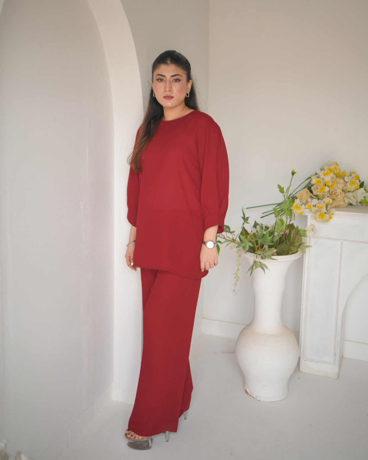 Vedora Crimson Comfort Dress Set – Effortless Style, All-Day Comfort