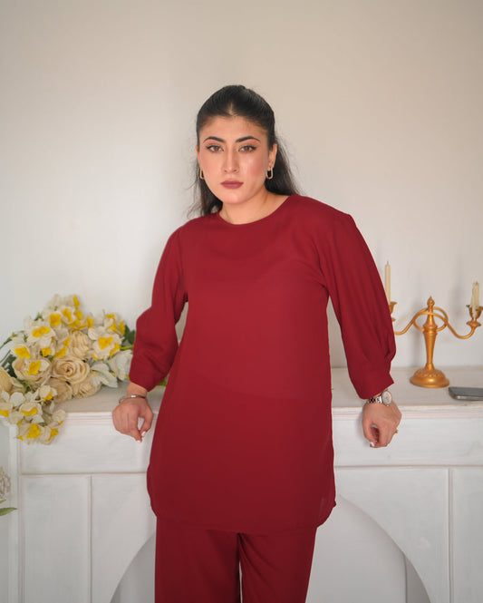 Vedora Crimson Comfort Dress Set – Effortless Style, All-Day Comfort