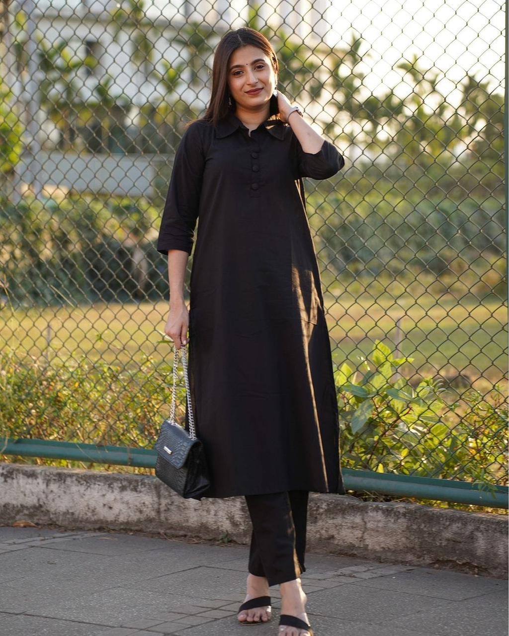Chic Black Shirt Collar Kurta Pant Set