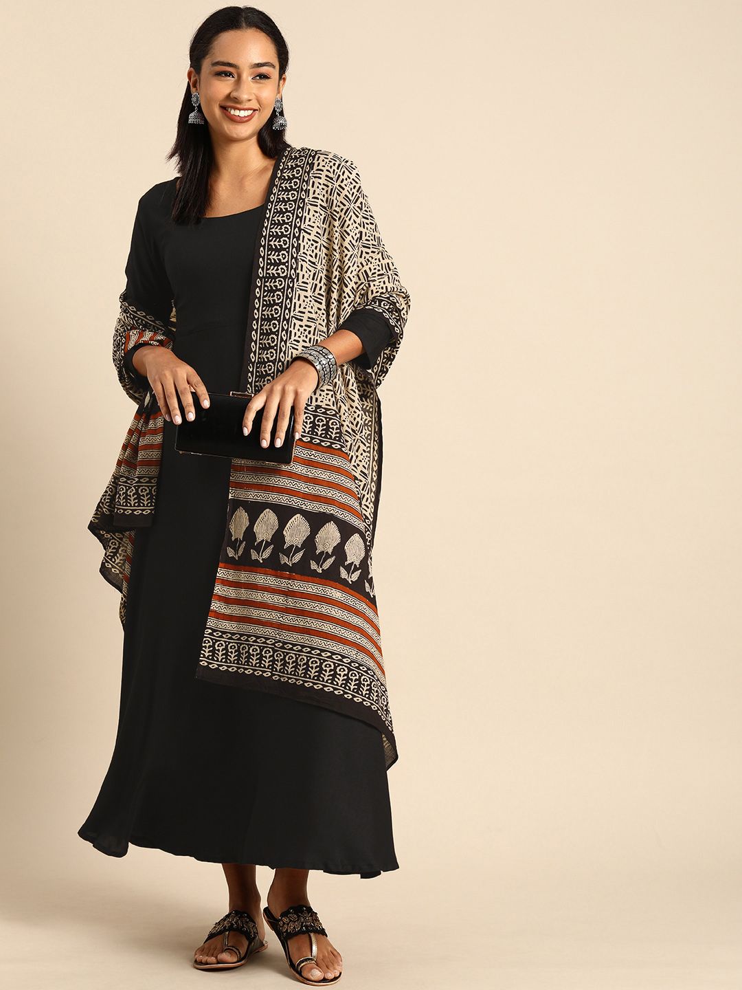 Elegant Black Cotton A-Line Kurta Set with Printed Dupatta – Empire Fit