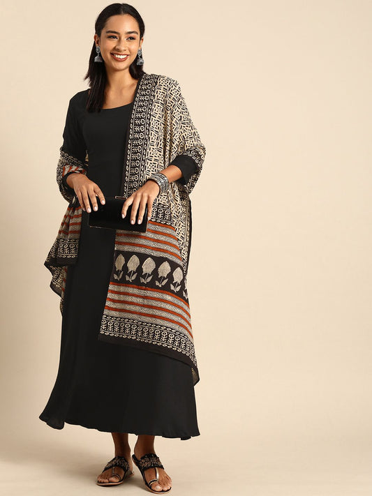 Elegant Black Cotton A-Line Kurta Set with Printed Dupatta – Empire Fit