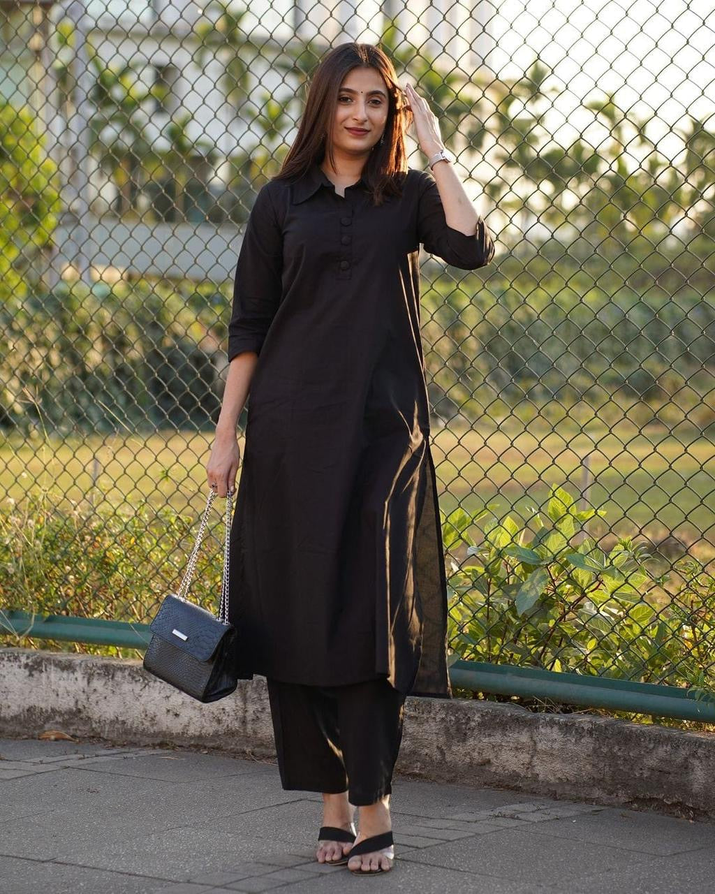 Chic Black Shirt Collar Kurta Pant Set