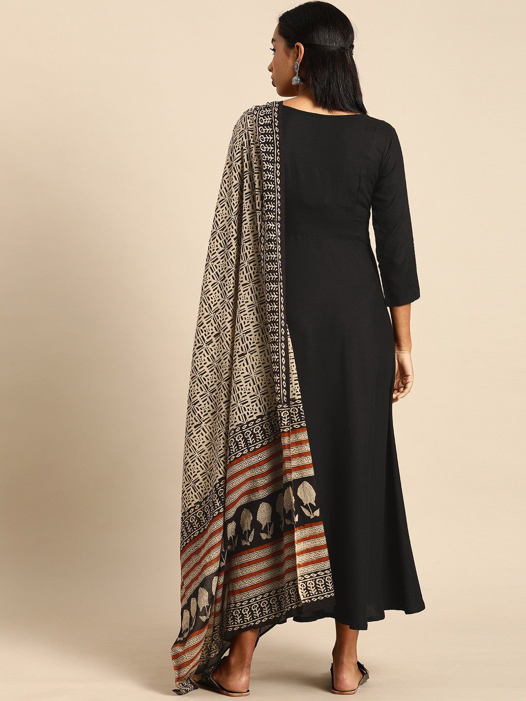 Elegant Black Cotton A-Line Kurta Set with Printed Dupatta – Empire Fit