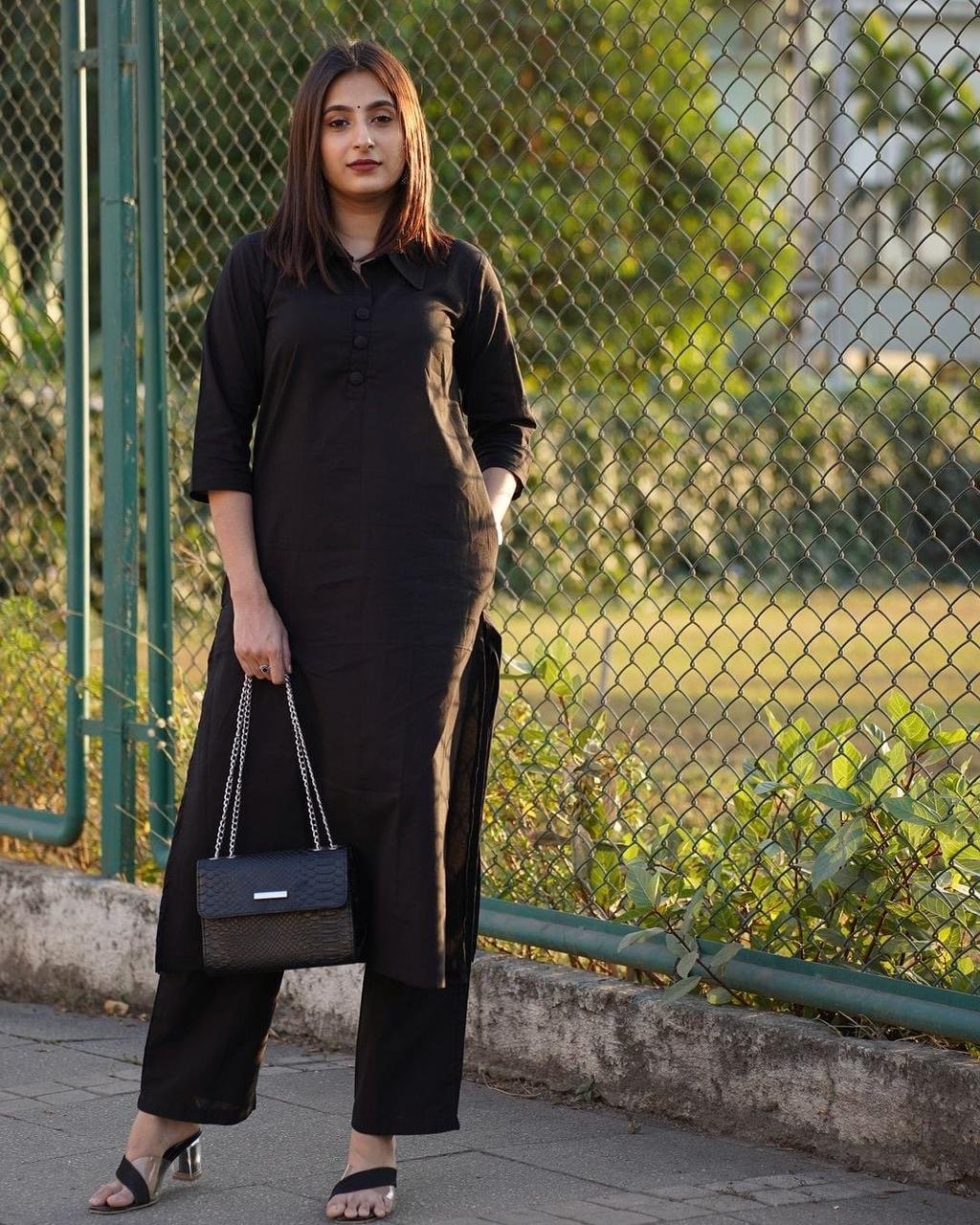 Chic Black Shirt Collar Kurta Pant Set