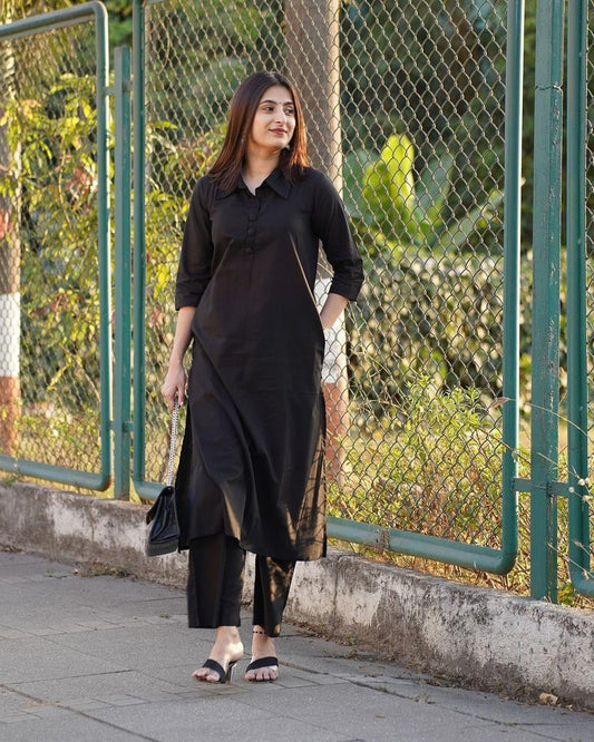 Chic Black Shirt Collar Kurta Pant Set