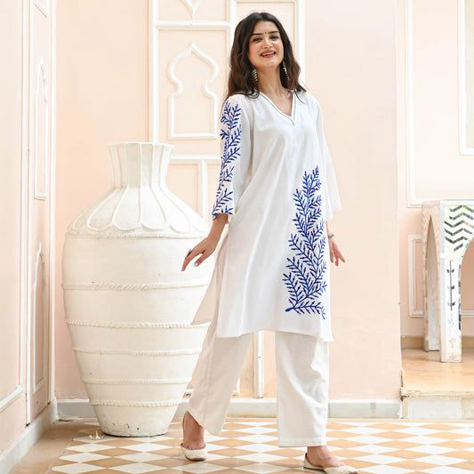 White & Blue Embroidered Cotton Co-Ord Set – Tunic & Trousers