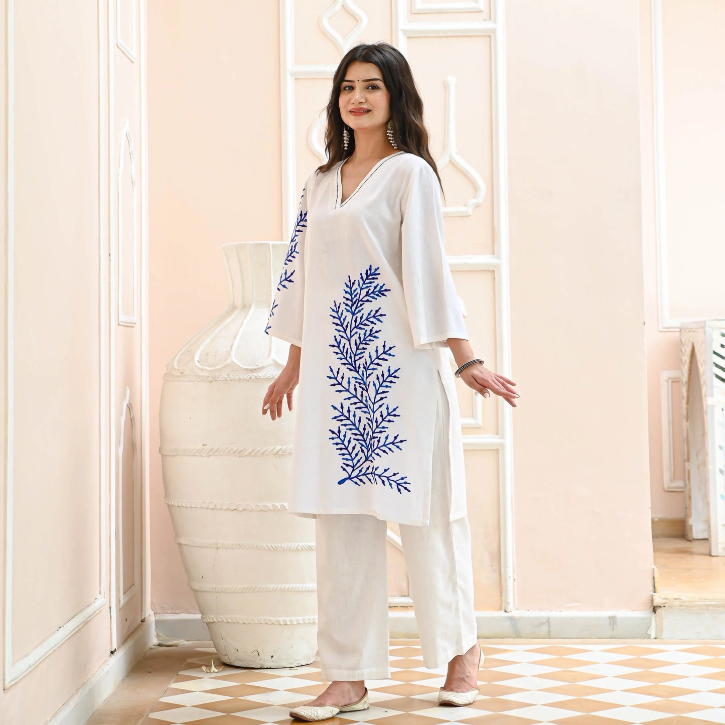 White & Blue Embroidered Cotton Co-Ord Set – Tunic & Trousers