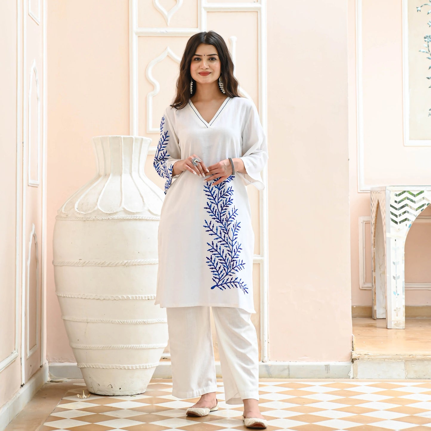 White & Blue Embroidered Cotton Co-Ord Set – Tunic & Trousers