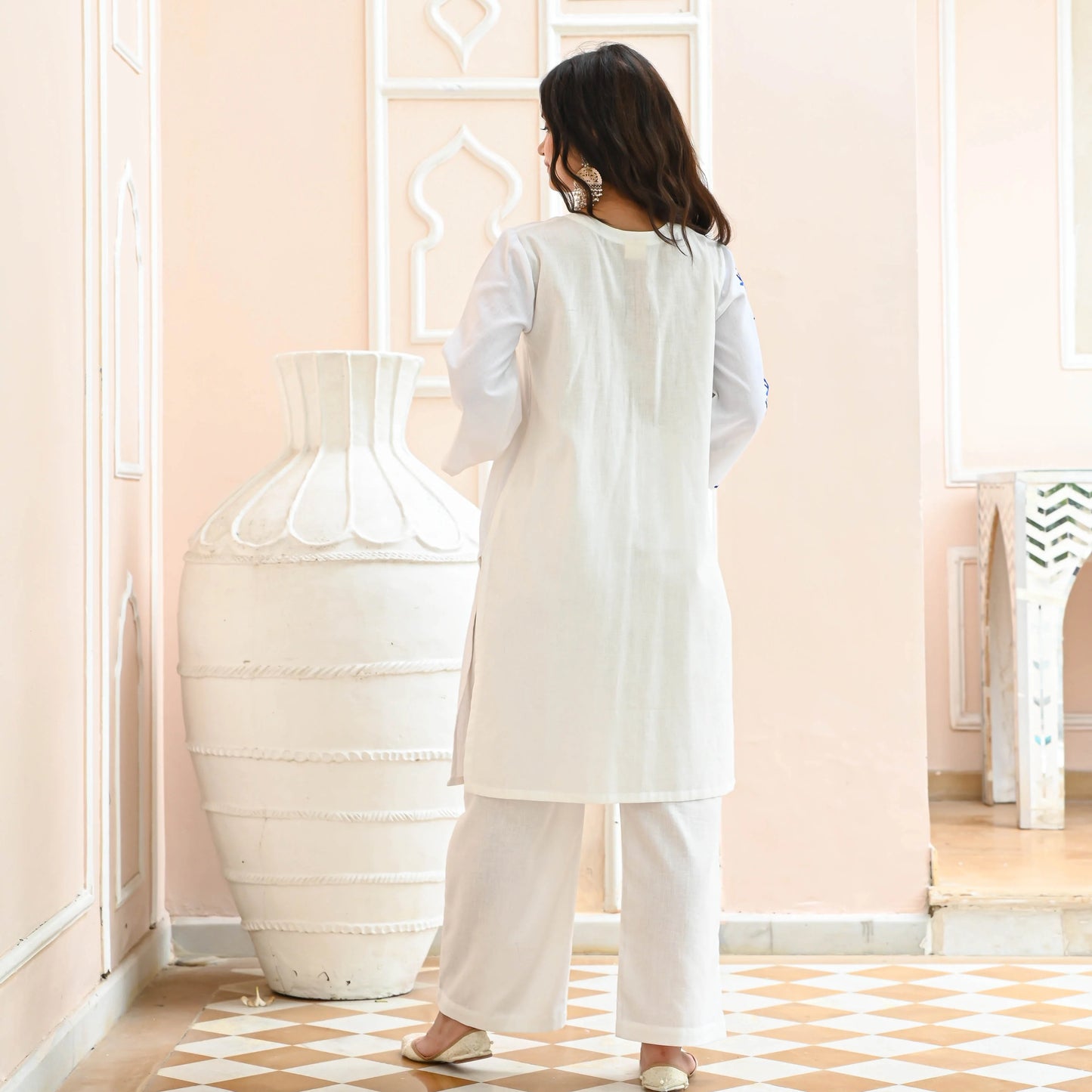 White & Blue Embroidered Cotton Co-Ord Set – Tunic & Trousers