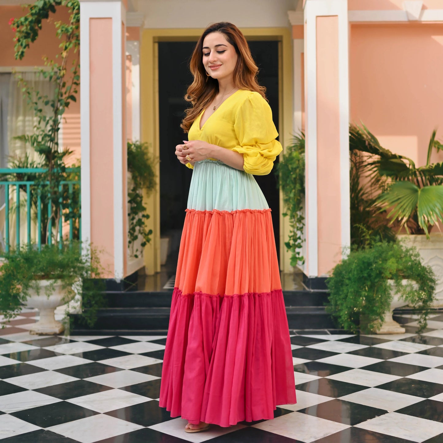 Sunburst Multicolor Tiered Maxi Dress