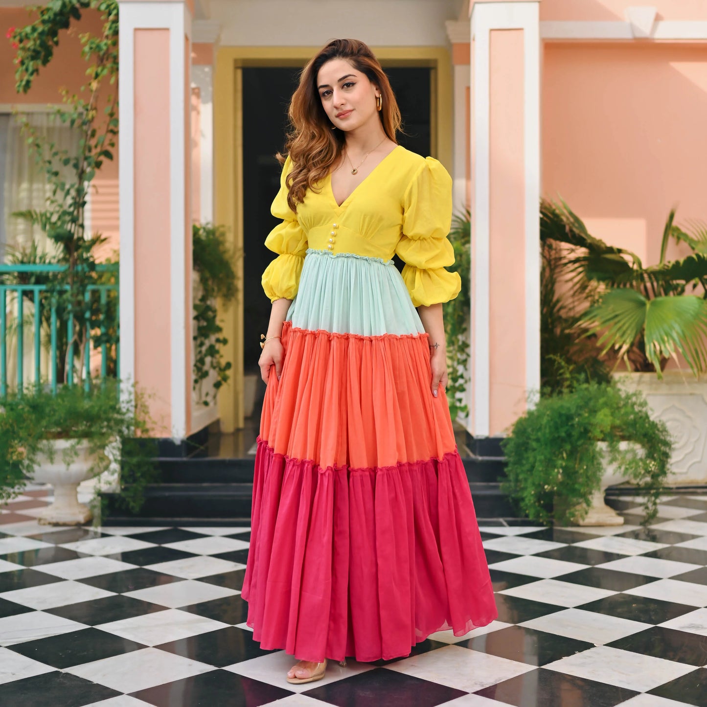 Sunburst Multicolor Tiered Maxi Dress